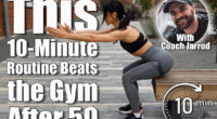 Pretty brunette woman in sportswear is doing squats while touching her buttocks to the bench outdoors. This 10-Minute Morning Routine Beats an Hour at the Gym After 50. Cover