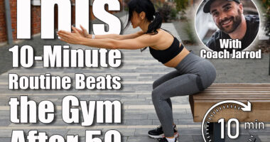 Pretty brunette woman in sportswear is doing squats while touching her buttocks to the bench outdoors. This 10-Minute Morning Routine Beats an Hour at the Gym After 50. Cover