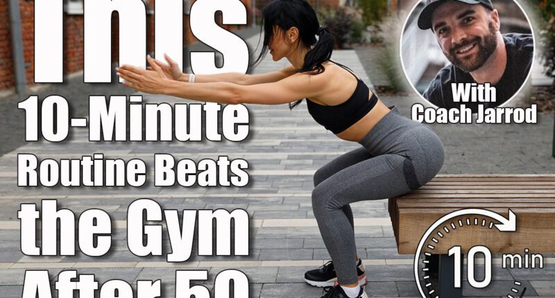 Pretty brunette woman in sportswear is doing squats while touching her buttocks to the bench outdoors. This 10-Minute Morning Routine Beats an Hour at the Gym After 50. Cover