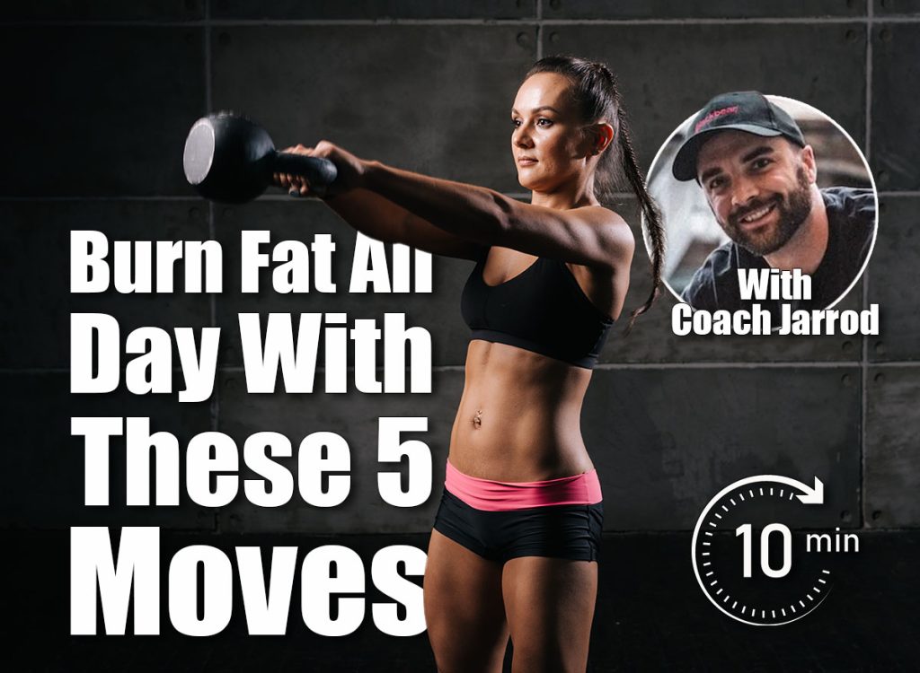 Portrait of muscular young woman with perfect athletic body in black sportswear swinging kettlebell, on black isolated background. Sporty muscular girl is looking away. 5 Quick Moves That Keep You Burning Fat All Day. Cover