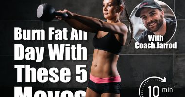 Portrait of muscular young woman with perfect athletic body in black sportswear swinging kettlebell, on black isolated background. Sporty muscular girl is looking away. 5 Quick Moves That Keep You Burning Fat All Day. Cover