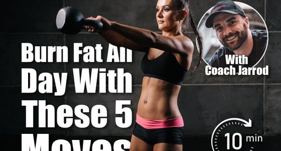 Portrait of muscular young woman with perfect athletic body in black sportswear swinging kettlebell, on black isolated background. Sporty muscular girl is looking away. 5 Quick Moves That Keep You Burning Fat All Day. Cover