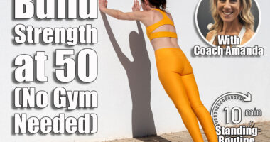 Sporty woman doing push off exercises against a wall. This 10-Minute Standing Routine Builds More Strength Than Gym Workouts After 50. Cover