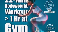 This 5-Move Bodyweight Workout Replaces an Hour of Gym Time. Cover, A pretty girl jumps on a white cube in white sports uniform on a blue background. The concept of a sporty lifestyle.