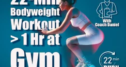This 5-Move Bodyweight Workout Replaces an Hour of Gym Time. Cover, A pretty girl jumps on a white cube in white sports uniform on a blue background. The concept of a sporty lifestyle.
