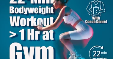 This 5-Move Bodyweight Workout Replaces an Hour of Gym Time. Cover, A pretty girl jumps on a white cube in white sports uniform on a blue background. The concept of a sporty lifestyle.
