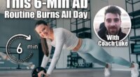 Brunette cheerful young woman in sportswear at abdominal exercise, rollouts. Fit caucasian girl improving body endurance, Happy fitness model at workout, looks air camera toothy smiles. This 6-Minute Ab Routine Burns Fat All Day After 40. Cover