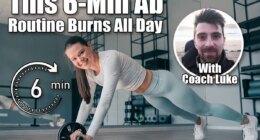 Brunette cheerful young woman in sportswear at abdominal exercise, rollouts. Fit caucasian girl improving body endurance, Happy fitness model at workout, looks air camera toothy smiles. This 6-Minute Ab Routine Burns Fat All Day After 40. Cover