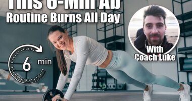 Brunette cheerful young woman in sportswear at abdominal exercise, rollouts. Fit caucasian girl improving body endurance, Happy fitness model at workout, looks air camera toothy smiles. This 6-Minute Ab Routine Burns Fat All Day After 40. Cover