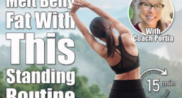 Young fitness female in sportswear stretching body against mountain view, healthy woman exercise in morning. Workout, wellbeing and work life balance concepts. This Standing Routine Reverses the #1 Cause of Belly Fat After 50. Cover