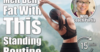 Young fitness female in sportswear stretching body against mountain view, healthy woman exercise in morning. Workout, wellbeing and work life balance concepts. This Standing Routine Reverses the #1 Cause of Belly Fat After 50. Cover