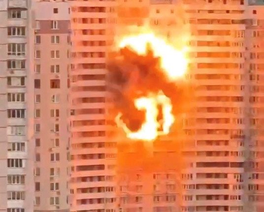 Drone explosion near Kyiv residential building.