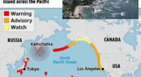 Map showing tsunami warnings across the Pacific Ocean.