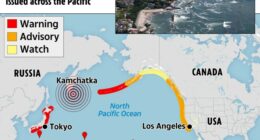 Map showing tsunami warnings across the Pacific Ocean.