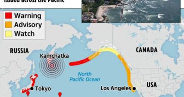 Map showing tsunami warnings across the Pacific Ocean.