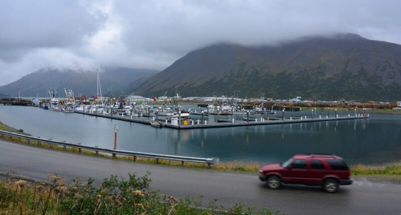 A red SUV drives past a harbor filled with fishing boats.
