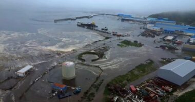 Aerial view of tsunami-hit Severo-Kurilsk.