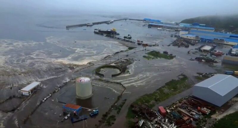 Aerial view of tsunami-hit Severo-Kurilsk.