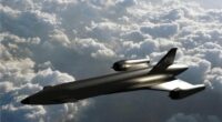 Illustration of the INVICTUS hypersonic flight vehicle above clouds.