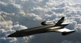 Illustration of the INVICTUS hypersonic flight vehicle above clouds.