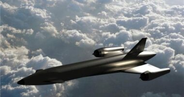 Illustration of the INVICTUS hypersonic flight vehicle above clouds.