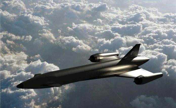 Illustration of the INVICTUS hypersonic flight vehicle above clouds.
