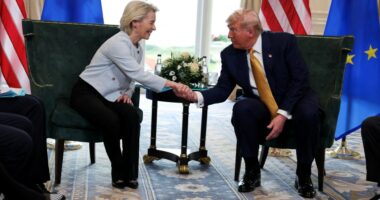Donald Trump and Ursula von der Leyen shaking hands.