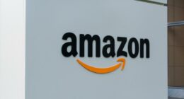 Amazon logo on a building.