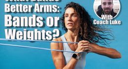 Close up of caucasian woman exercising with a resistance band. Young fitness female training on blue background.