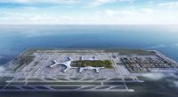 Aerial illustration of Dalian Jinzhou Bay International Airport, the world's largest airport on an artificial island.