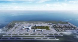 Aerial illustration of Dalian Jinzhou Bay International Airport, the world's largest airport on an artificial island.