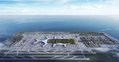 Aerial illustration of Dalian Jinzhou Bay International Airport, the world's largest airport on an artificial island.
