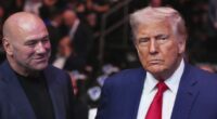 President Donald Trump attends the UFC-316 mixed martial arts event, at the Prudential Center, Saturday, June 7, 2025, in Newark, N.J., as UFC's Dana White, looks on. (AP Photo/Frank Franklin II)