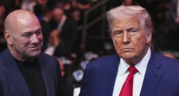 President Donald Trump attends the UFC-316 mixed martial arts event, at the Prudential Center, Saturday, June 7, 2025, in Newark, N.J., as UFC's Dana White, looks on. (AP Photo/Frank Franklin II)