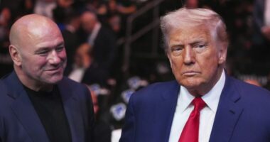President Donald Trump attends the UFC-316 mixed martial arts event, at the Prudential Center, Saturday, June 7, 2025, in Newark, N.J., as UFC's Dana White, looks on. (AP Photo/Frank Franklin II)