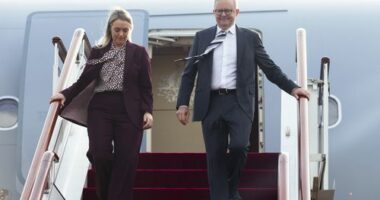Prime Minister Anthony Albanese and his fiance Jodie Haydon arrive in Shaghai, China on July 12, 2025. Photo: Dominic Lorrimer