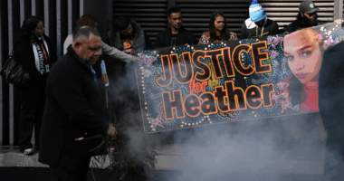 Supporters of Heather Calgaret attend a smoking ceremony during the inquest into the death of Heather Calgaret at the Coroners Court of Victoria in Melbourne, Monday, July 28, 2025.