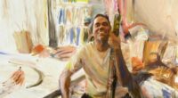 Archibald Prize ANZ People's Choice Award 2025 winner, Loribelle Spirovski Finger painting of William Barton, oil on canvas, 182.6 x 137 cm © the artist, image © Art Gallery of New South Wales, Jenni Carter   Sitter: William Barton  **These images may only be used in conjunction with editorial coverage of the Archibald, Wynne and Sulman Prizes 2025 exhibition, 10 May  17 August 2025, at the Art Gallery of New South Wales, and strictly in accordance with the terms of access to these images  see a