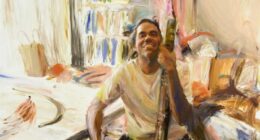 Archibald Prize ANZ People's Choice Award 2025 winner, Loribelle Spirovski Finger painting of William Barton, oil on canvas, 182.6 x 137 cm © the artist, image © Art Gallery of New South Wales, Jenni Carter   Sitter: William Barton  **These images may only be used in conjunction with editorial coverage of the Archibald, Wynne and Sulman Prizes 2025 exhibition, 10 May  17 August 2025, at the Art Gallery of New South Wales, and strictly in accordance with the terms of access to these images  see a
