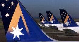 SPECIAL 9872 Ansett Takeoff; Sydney; Picture by Dallas Kilponen; Sun Herald; 29th September 2001. Pic shows Ansett planes ready for work at Sydney Airport. Tail
