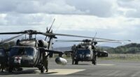 Blackhawk helicopters are seen at the Townsville airport as part of exercise 'Talisman Sabre 23' on July 27, 2023 in Townsville, Australia.