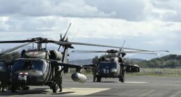 Blackhawk helicopters are seen at the Townsville airport as part of exercise 'Talisman Sabre 23' on July 27, 2023 in Townsville, Australia.