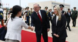 Prime Minister Anthony Albanese and his fiancée Jodie Haydon depart for Chengdu at Beijing Capital International Airport, China on July 16, 2025. Photo: Dominic Lorrimer