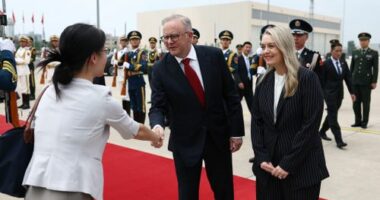 Prime Minister Anthony Albanese and his fiancée Jodie Haydon depart for Chengdu at Beijing Capital International Airport, China on July 16, 2025. Photo: Dominic Lorrimer