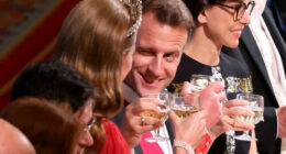 French President Emmanuel Macron winks at Catherine, Princess of Wales during banquet