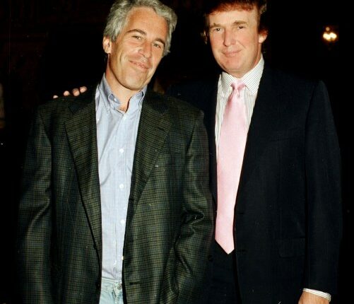 Jeffrey Epstein (left) and real estate developer Donald Trump as they pose together at the Mar-a-Lago estate