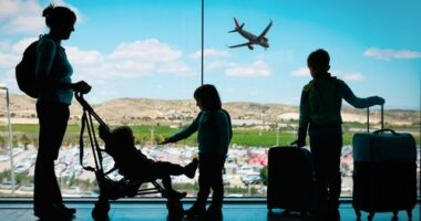 mother with kids and luggage looking at planes in airport, family travel