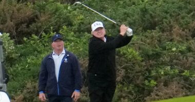 Huge military operation locks down Scottish golf course as Donald Trump plays a round after warning 'horrible invasion' of migrants is 'killing Europe'