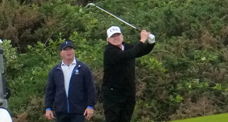 Huge military operation locks down Scottish golf course as Donald Trump plays a round after warning 'horrible invasion' of migrants is 'killing Europe'