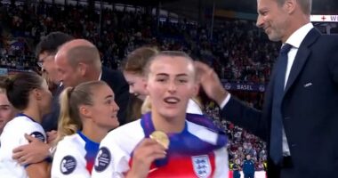 Lioness fans spot hilarious first words 'legend' Chloe Kelly shouts after being congratulated by Prince William as she heads home for a heroes' welcome 